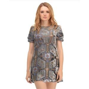 Zara Sheer Burnout Velvet Mini Dress Geometric Print Puff Sleeve Size Small